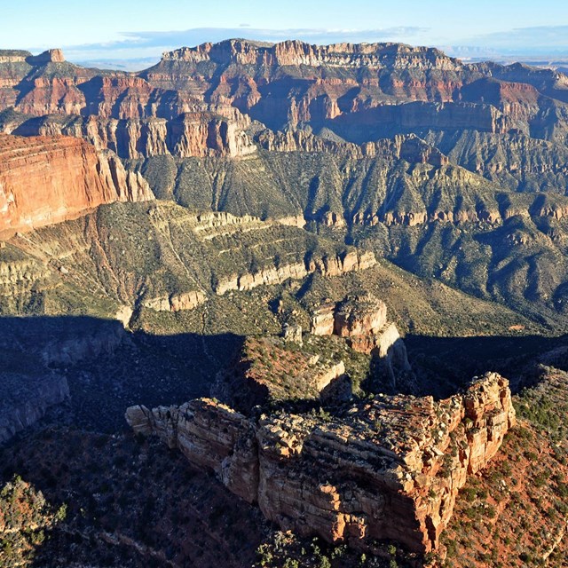 Aerial view of tree-covered mesas in the Grand Canyon