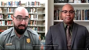Side-by-side screenshot of a white male park ranger and an African American man in front of bookcase