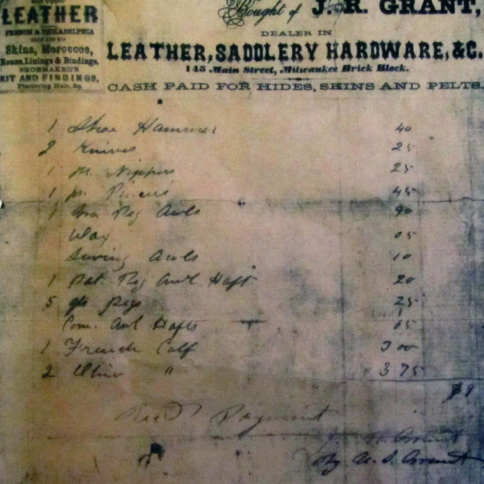 J.R. Grant Leather Shop Invoice