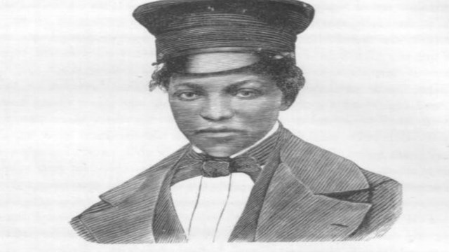 black and white drawing of black woman dressed in man's hat and clothing with bowtie. 