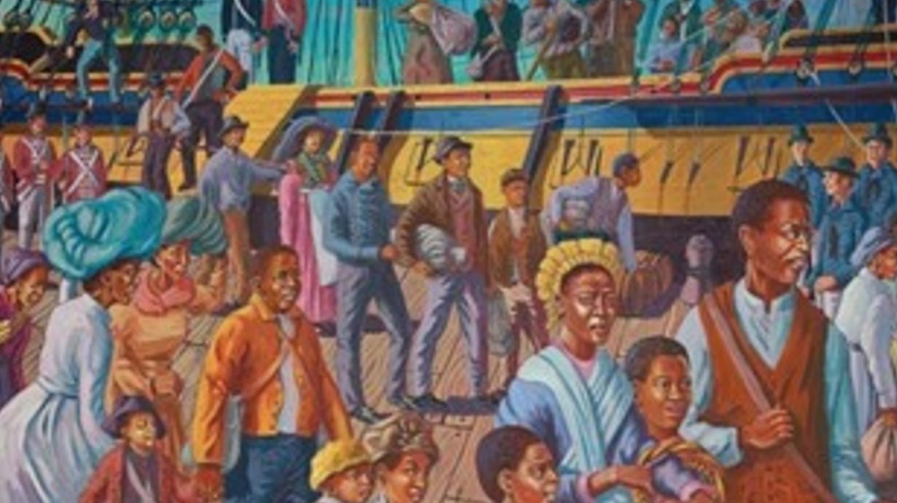 painting of men and women coming off ship