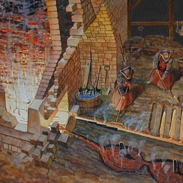Painting set in the 18th century of three men working in a room with molten iron flows from a furnac