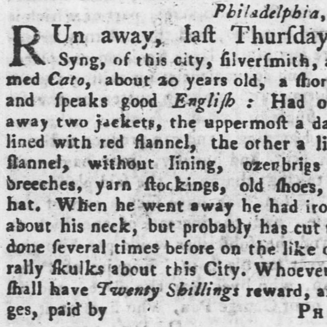 Image of a runaway ad for Cato placed in 1748 in Philadelphia