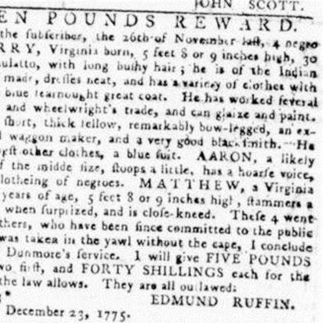 Runaway ad placed in 1775 titled 