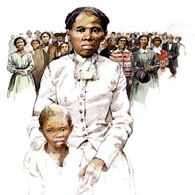 Watercolor painting of Harriet Tubman with a young child in front of her, and a crowd behind her.