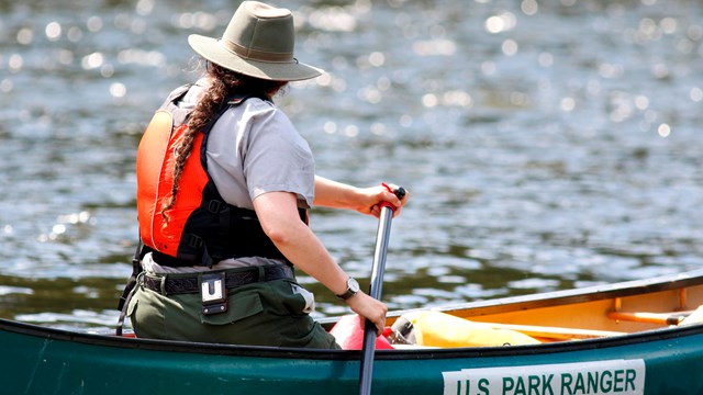 Park ranger wearing life jacket and paddling on river, their back to the camera.