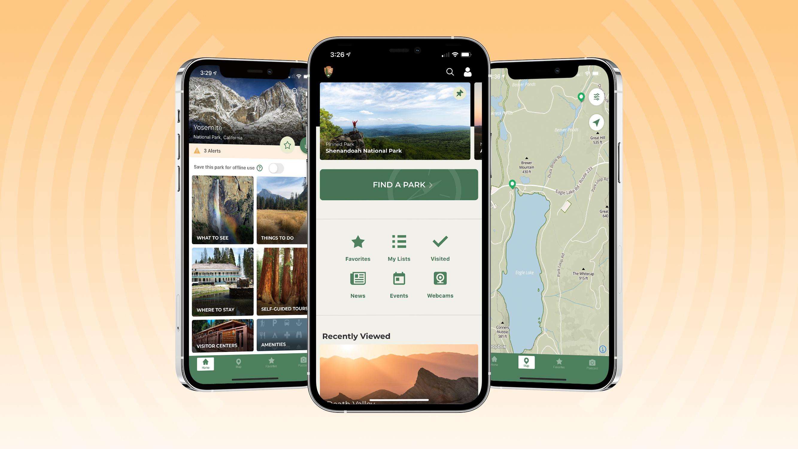 Three smartphones each showing different features of the NPS Mobile App