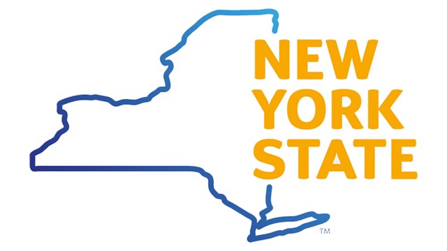 Web logo for New York: Blue outline of the state with yellow text "New York State" on right side