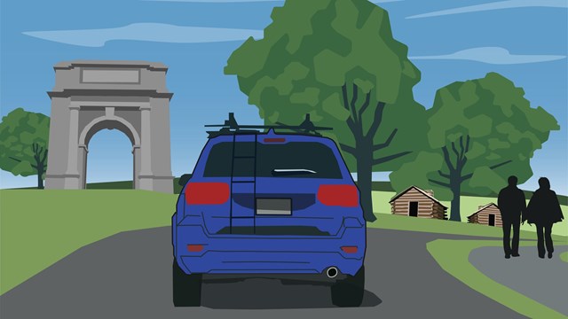 An illustration of the National Memorial Arch, trees, and the back of a vehicle.