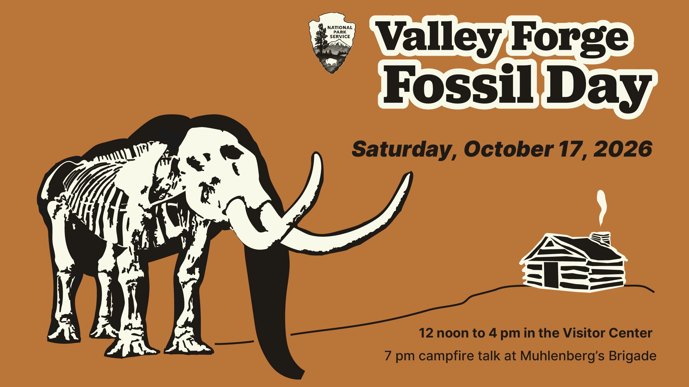 illustration of a mastodon silhouette with bones highlighted. log hut in background