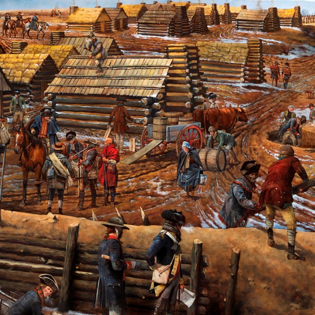 painting of log huts and soldiers
