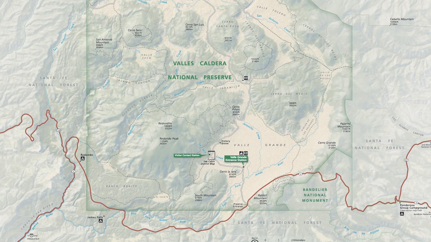 A map showing a square boundary around a volcanic caldera. Within the boundary is Valles Caldera NP.