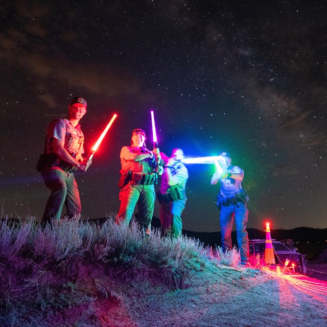 Four park rangers pose with light sabers under the starry night sky.