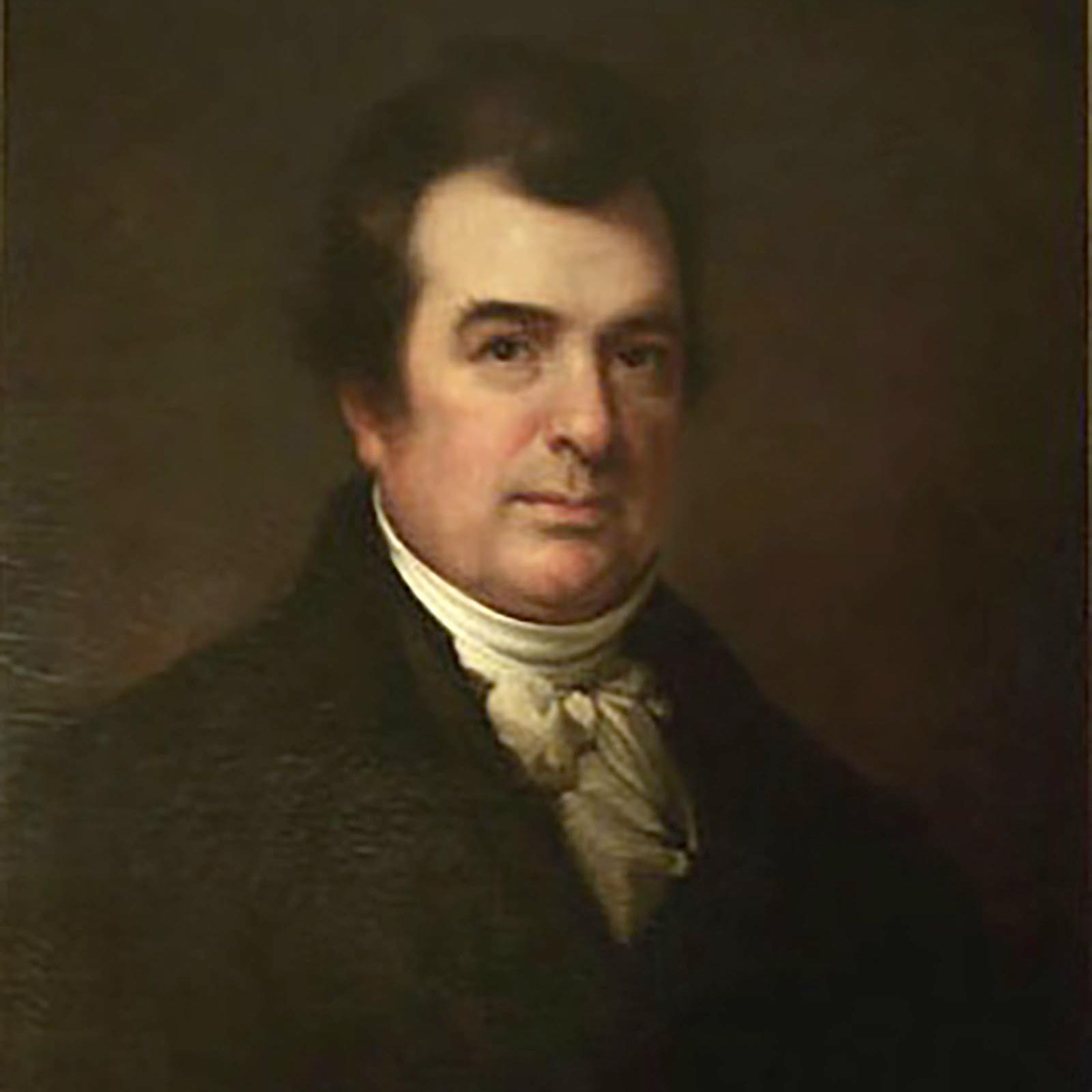 Painted portrait of a man wearing a dark coat and cravate.