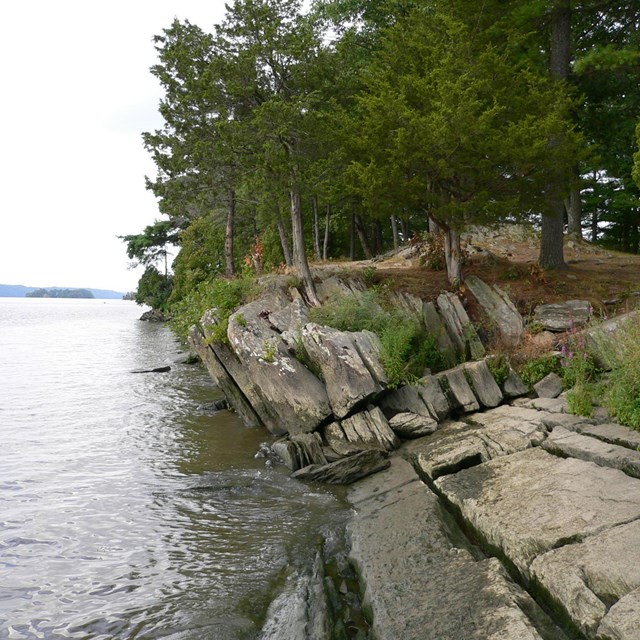 A rocky shore with trees on the banks of a wide river.