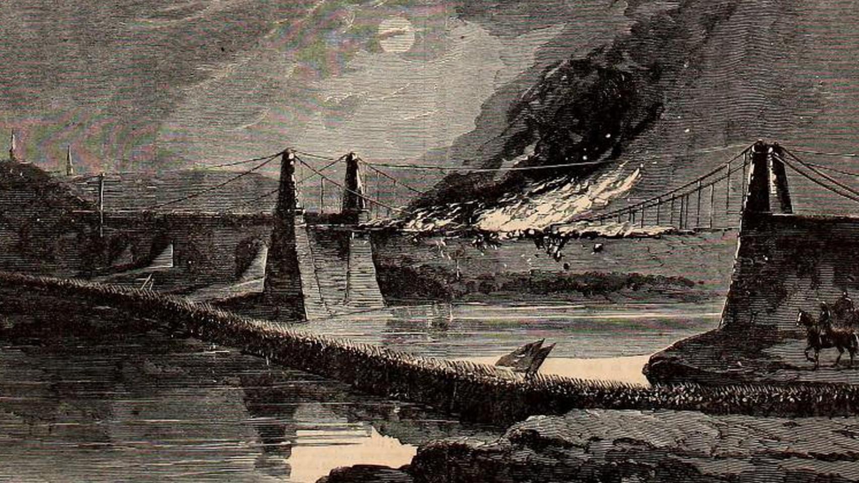 Black and white sketch of soldiers marching across a river