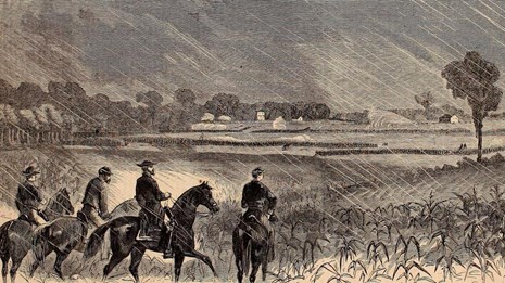 Black and white sketch of Union soldiers charging