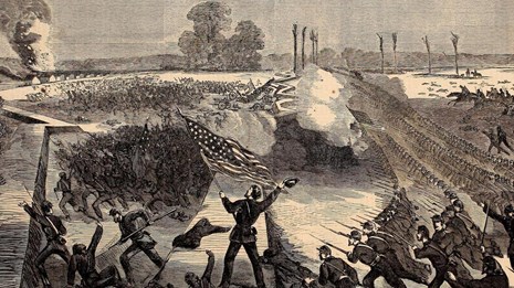 Black and white sketch of Union soldiers in lines attacking a Confederate fort