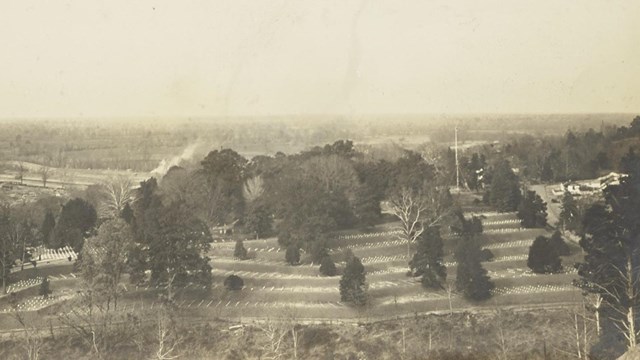 A black and white picture overlooking the national cemetery