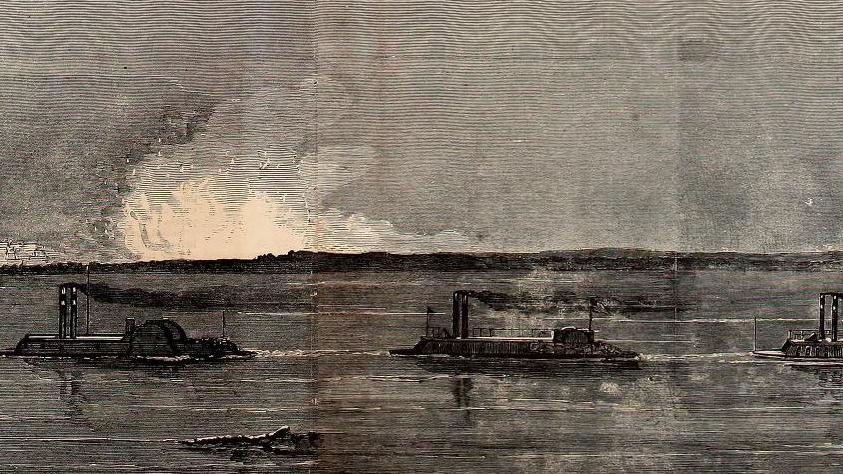 A black and white sketch of boats in water.