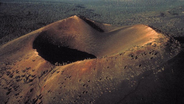 aerial view of a cinder cone volcano