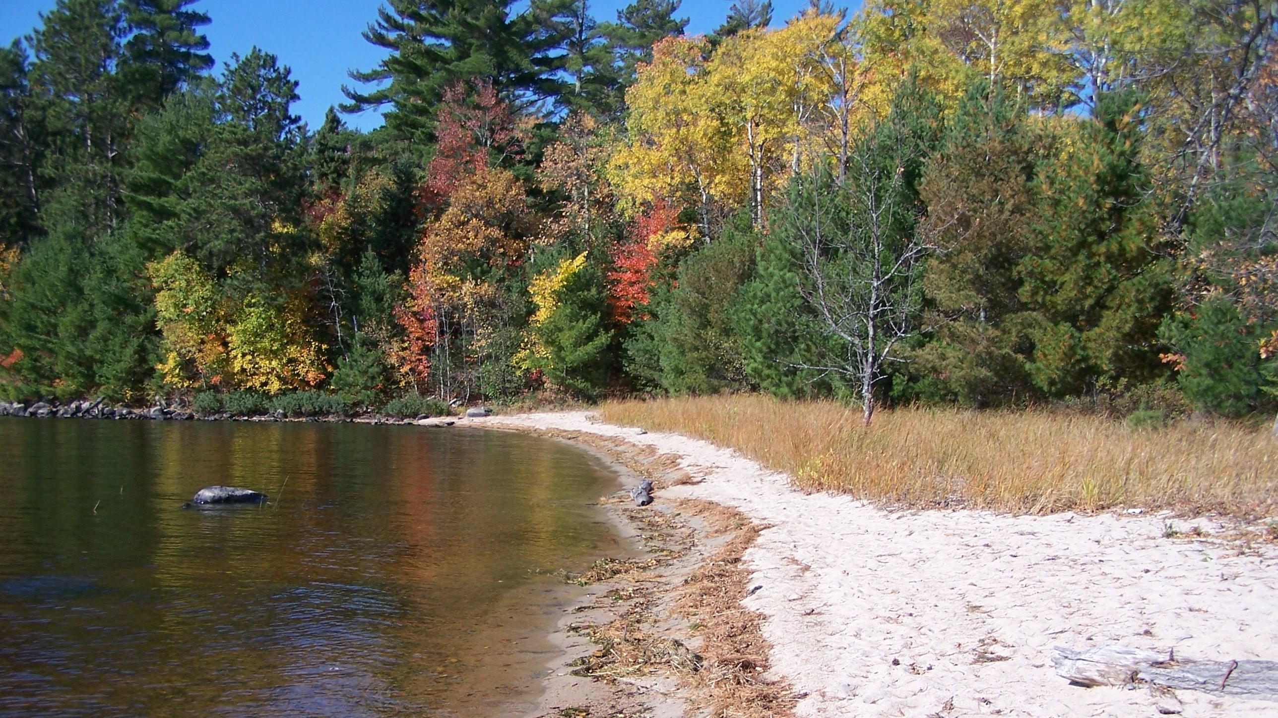 Autumn trees with red, green, and yellow leaves reflect off the waters of a scenic lakeshore.
