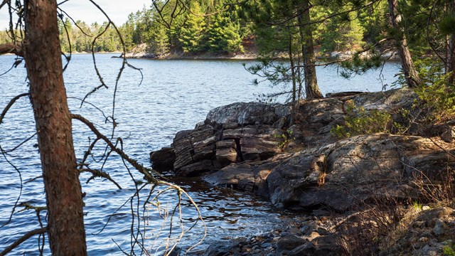 Photograph of lake from shoreline viewed through the trees. 