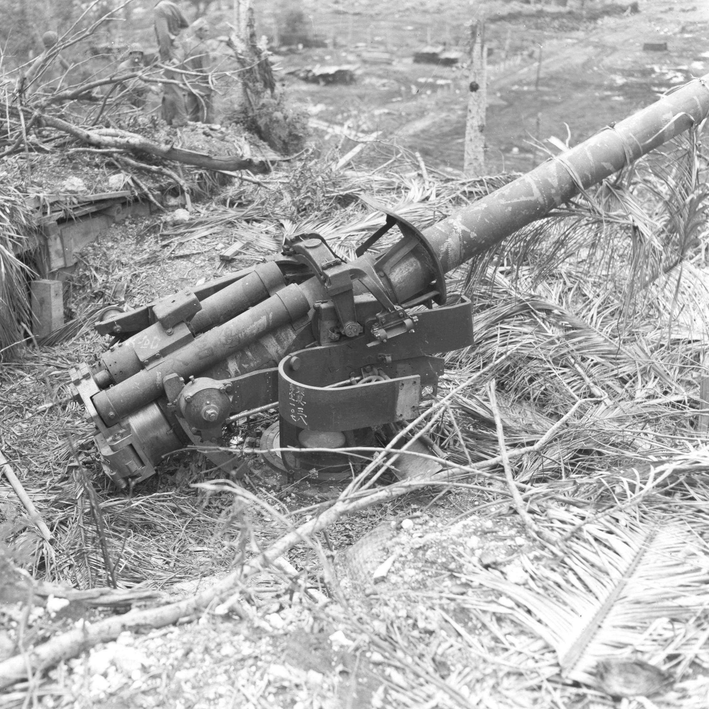 A large machine gun on the edge of a cliff. The area around it has been heavily bombed.