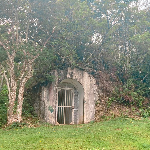 A gated concrete archway build into a hill.