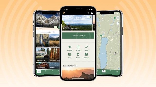 three cell phones with the nps app open 