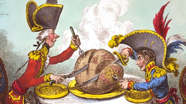 Cartoon of King George III and Napoleon dividing up the world with swords, as a pudding