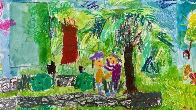 A Pastel and Watercolor artwork, with children playing in a garden with animals and plants around