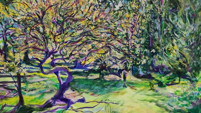 A impressionist style apple tree among a garden, with trees in the background 