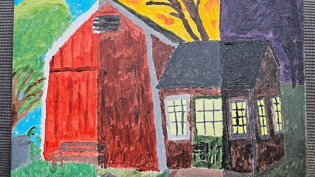 A painting of a red barn, with 3 sections each representing the barn at different times of the day 