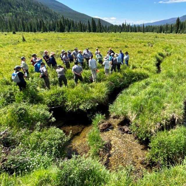 a group of people gather near a dry stream channel in an open, grassy valley