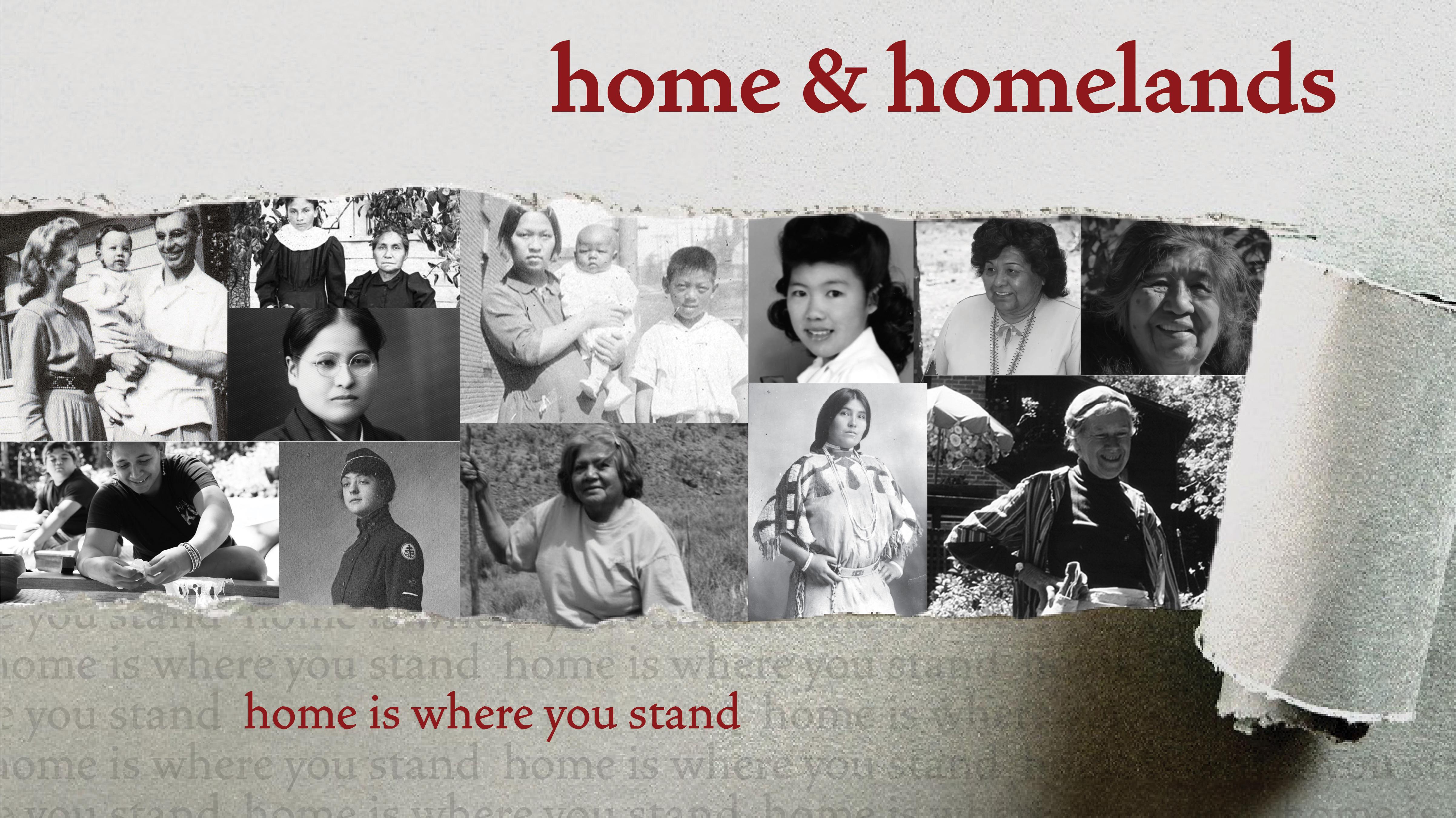 Peeled white paper reveals collage of black and white women's portraits. 