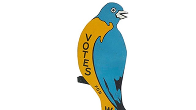 image of the Massachusetts Woman's Suffrage Bluebird, blue and gold, from the NMAH