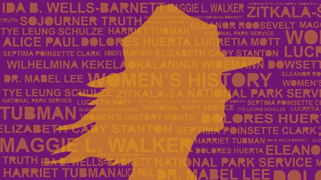 Orange shadow portrait of a woman in ranger hot on purple background with names of famous women 