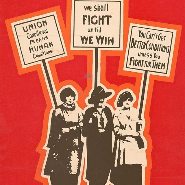 Red poster with three women holding picket signs.