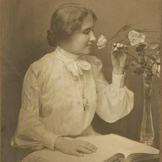 Young woman smells a flower with her hands on the pages of a book