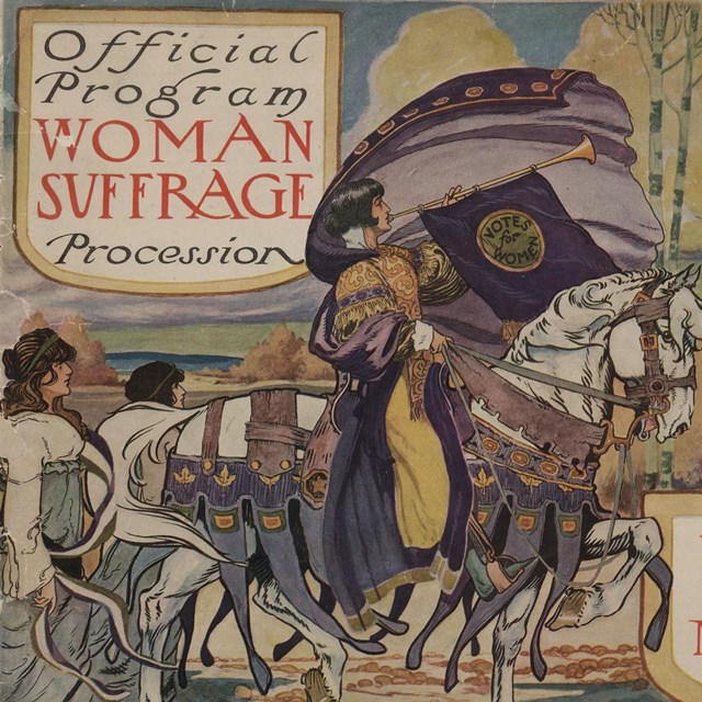 Program for Women's Suffrage Association parade-woman in elaborate attire, with cape, blowing  horn.
