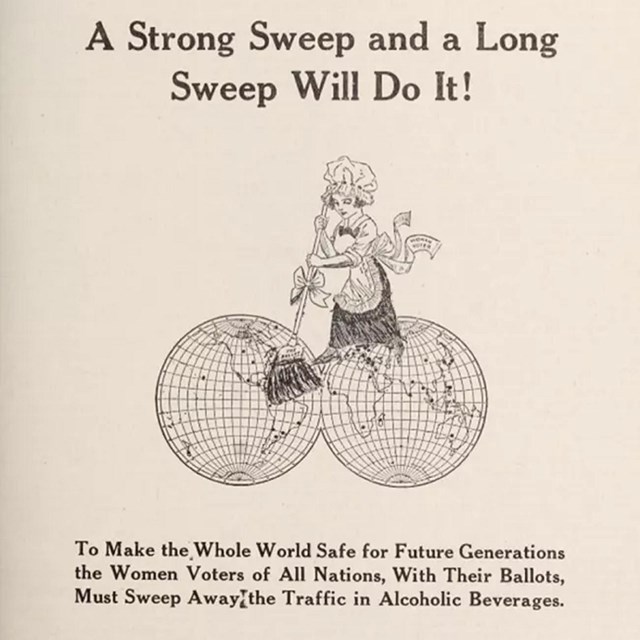 Cartoon with woman sweeping over the globe 