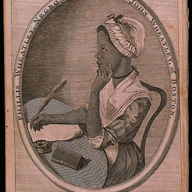 Engraving of black woman with bonnet writing with quill