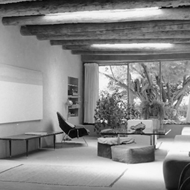Interior of living room with wood ceiling beams