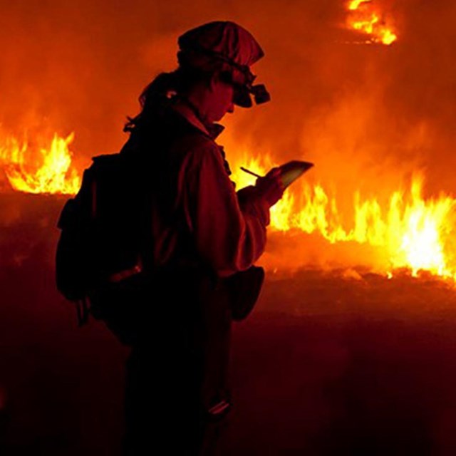 A woman takes notes about a wildfire