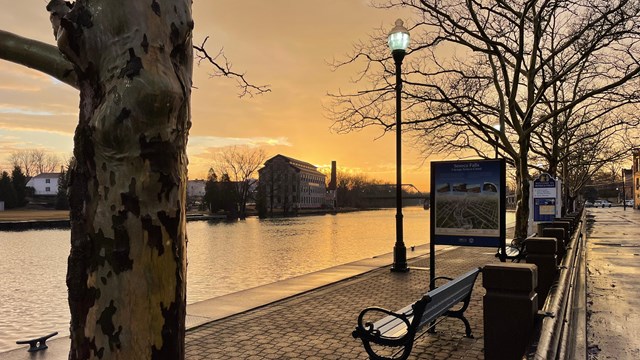 Sunset over the canal, with benches, trees, and street lights.