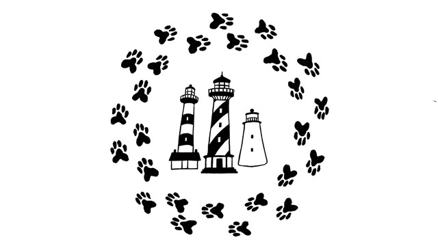 A black and white stamp with three lighthouses and paw prints circling the lighthouses