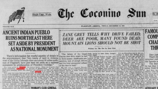 Close-up of a 1924 Coconino Sun newspaper article announcing Wupatki Monument formation.