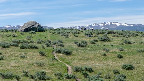 Large boulders are strewn across a sagebrush field with a path crossing it.