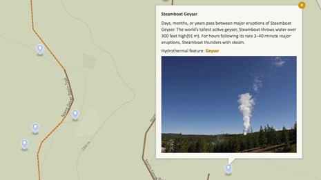 Map of Norris Geyser Basin showing a brief description and image of Steamboat Geyser.
